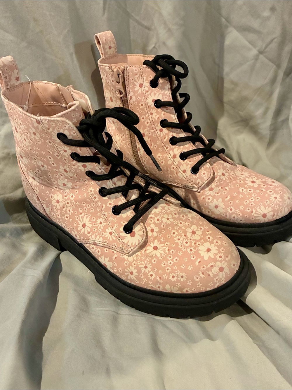Girls pink flowered combat boots